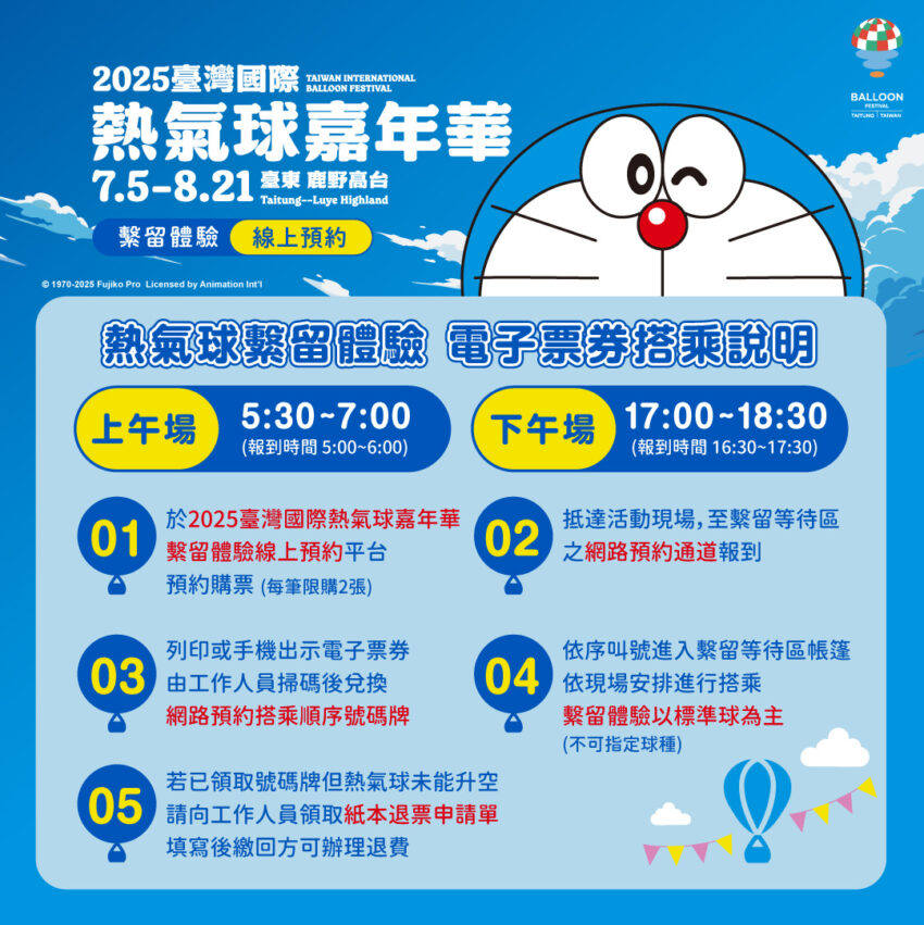 【台東熱氣球】時間公布！7/5哆啦A夢首度聯名就在鹿野高台，光雕音樂會&交通全攻略！